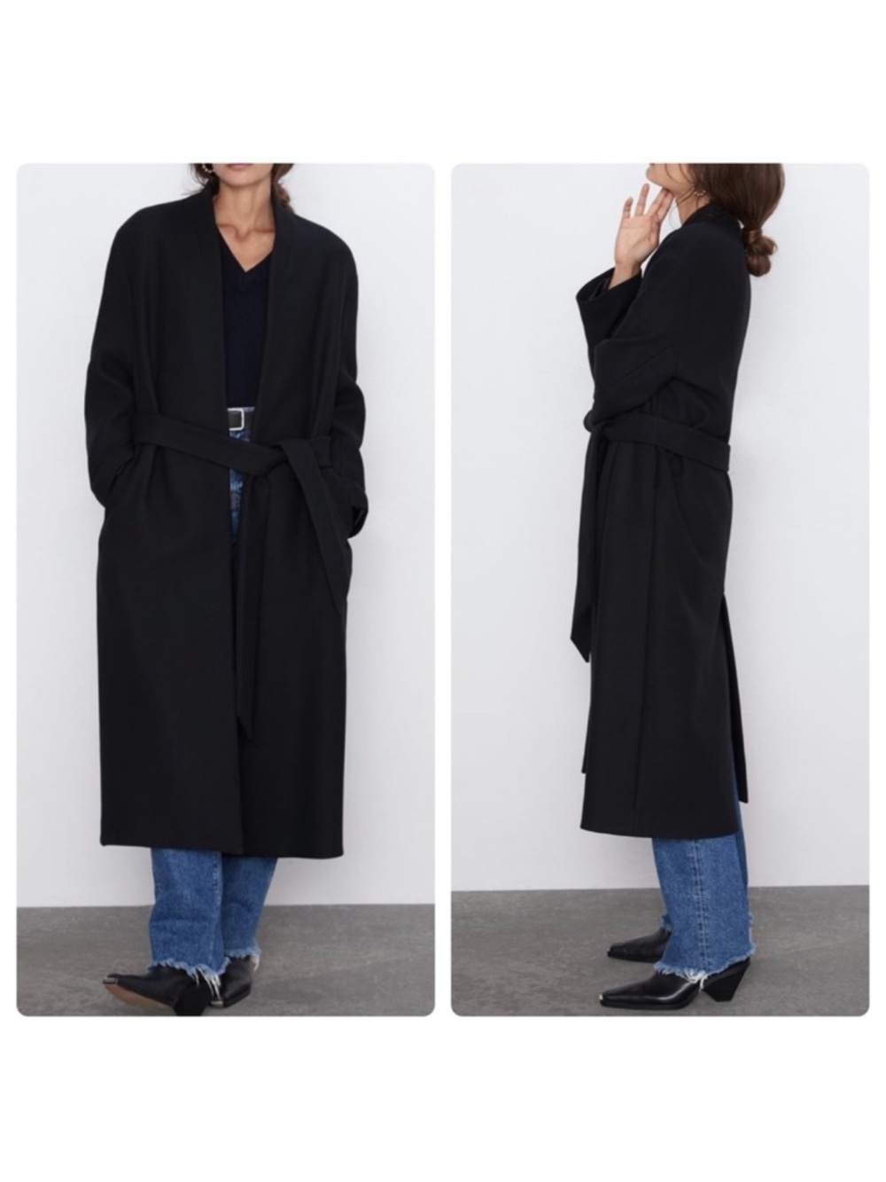 ZARA Black Belted Long Coat with Notched Lapels - Picture 2 of 2